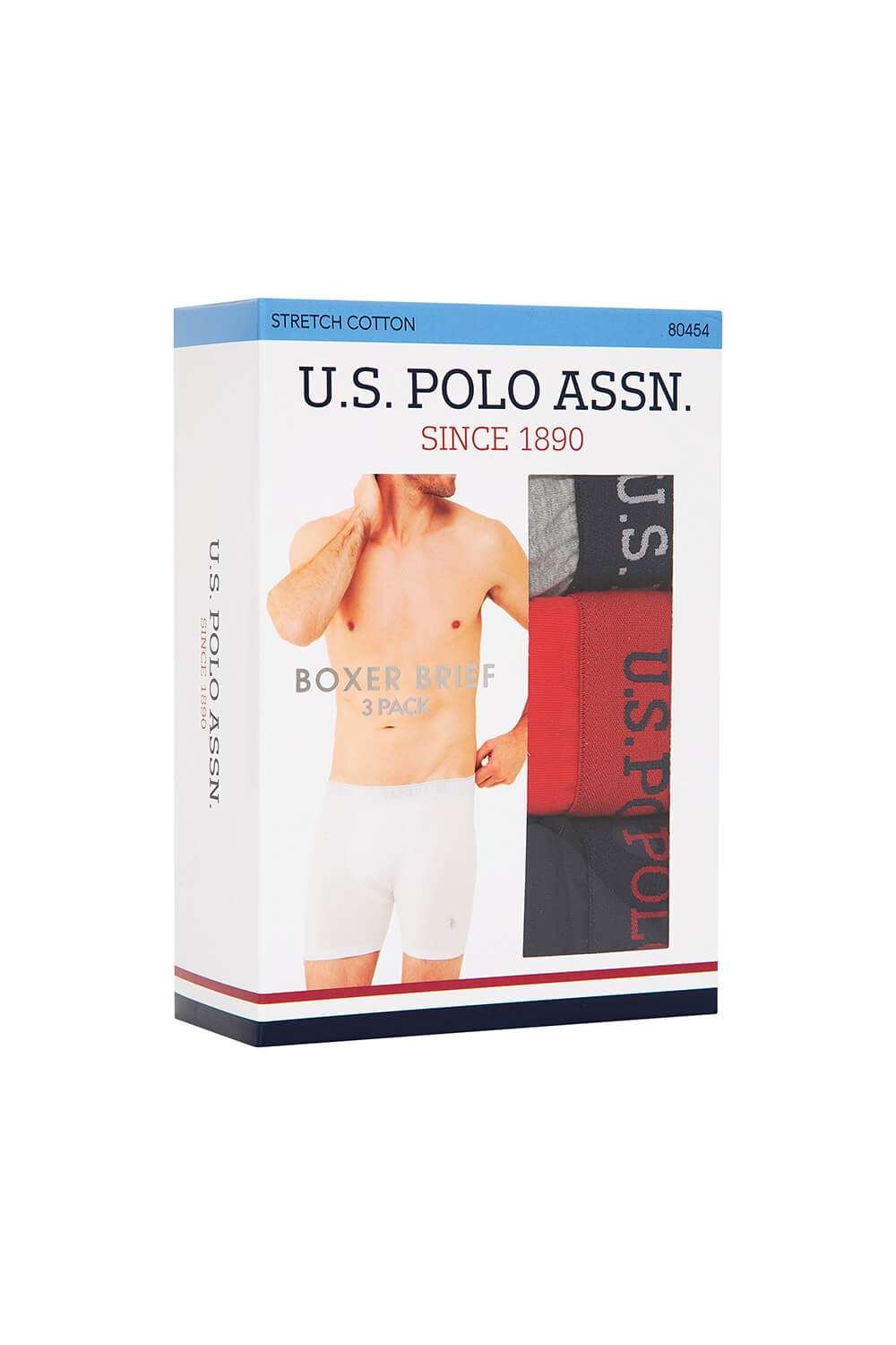 U.S. Polo Assn. 80454 3 Pack Cotton Lycra Mens Boxer Set Red Grey Navy Blue packaging