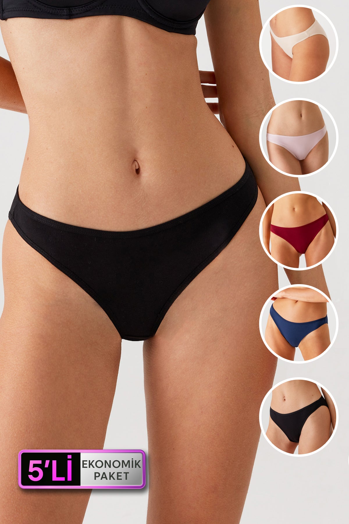 Pierre Cardin 2057, 5 Pack, Mid Waist, Cotton, Women’s Basic Brazilian Panty Set, Ecru & Powder Pink & Burgundy & Navy Blue & (Copy)1