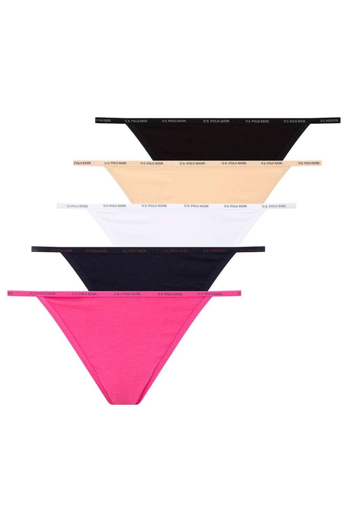 U.S. Polo Assn. 67003, Cotton & Modal & Lycra, 5 Pack, Solid Colors, Women’s String Panty Set, Black & White & Beige & Fuchsia & Navy Blue