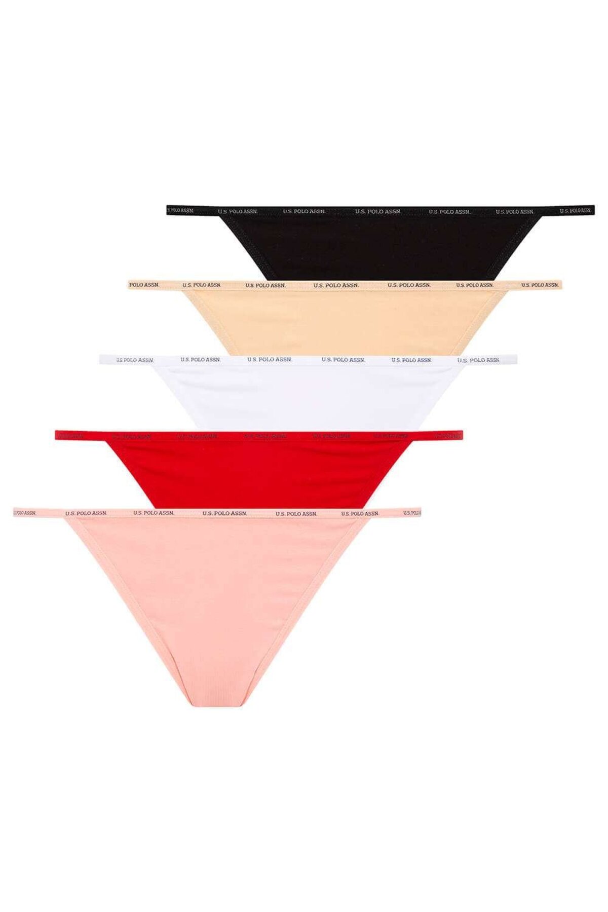 U.S. Polo Assn. 67003, Cotton & Modal & Lycra, 5 Pack, Solid Colors, Women’s String Panty Set, Black & White & Beige & Salmon & Red