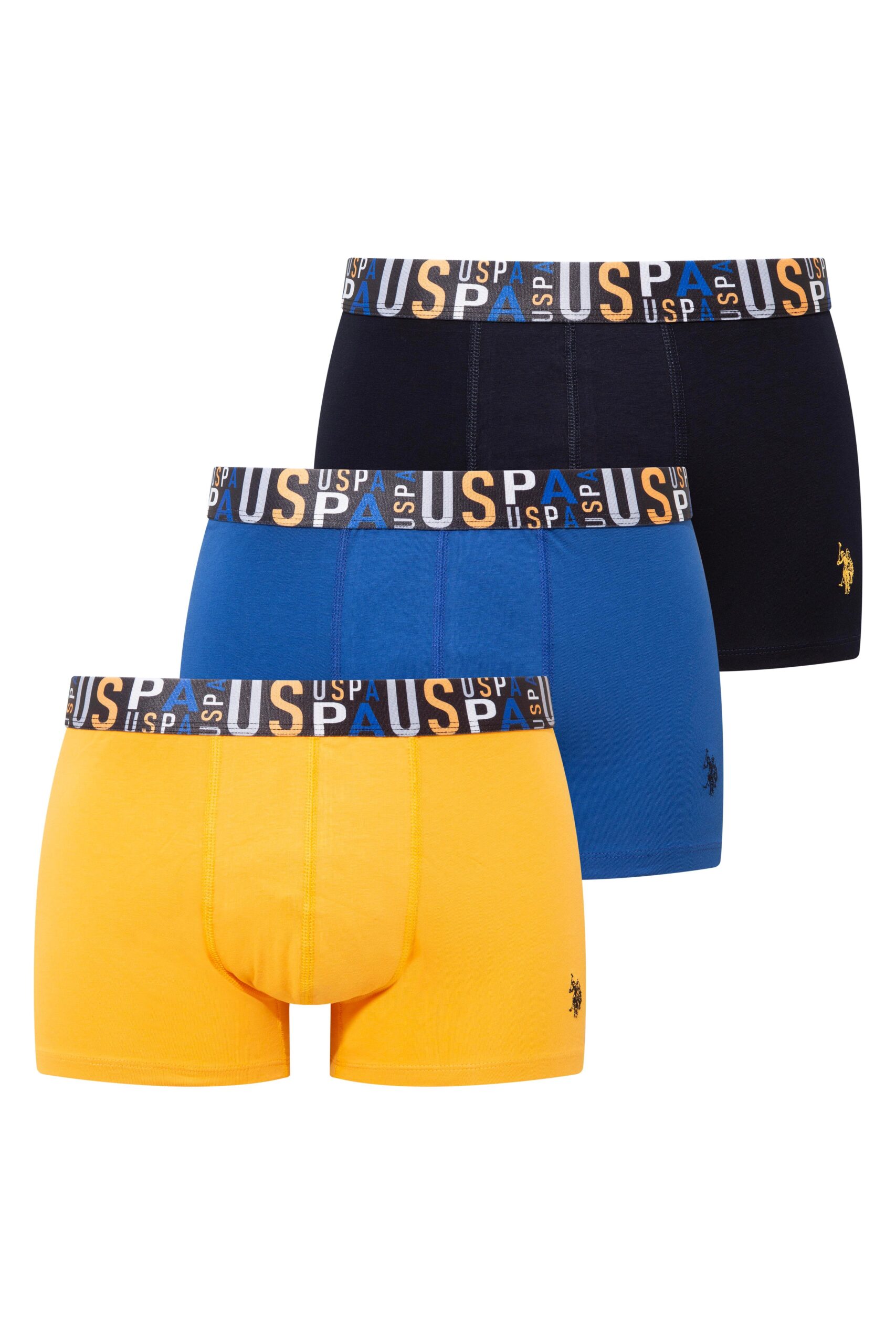 U.S. Polo Assn. 80572 3 Pack Elastic Waist USPA Printed Cotton Lycra Mens Boxer Set Saks Blue Yellow Navy Blue scaled