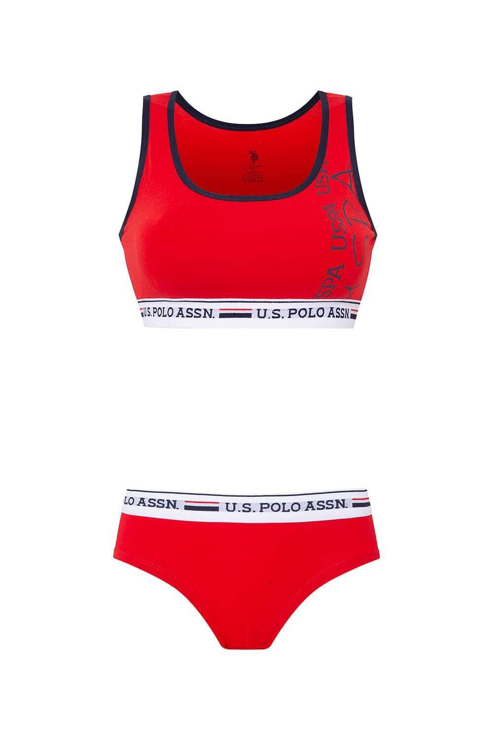 U.S. Polo Assn. 66255, Polo Lettering Stripe, Bustier & Boyshort Set, Red 2