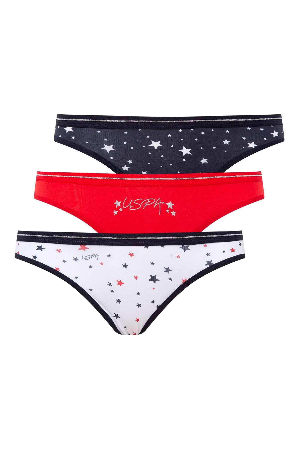 U.S. Polo Assn. 66317, Cotton & Lycra, 3 Pack Women's Bikini Panty Set, White, Red & Navy Blue