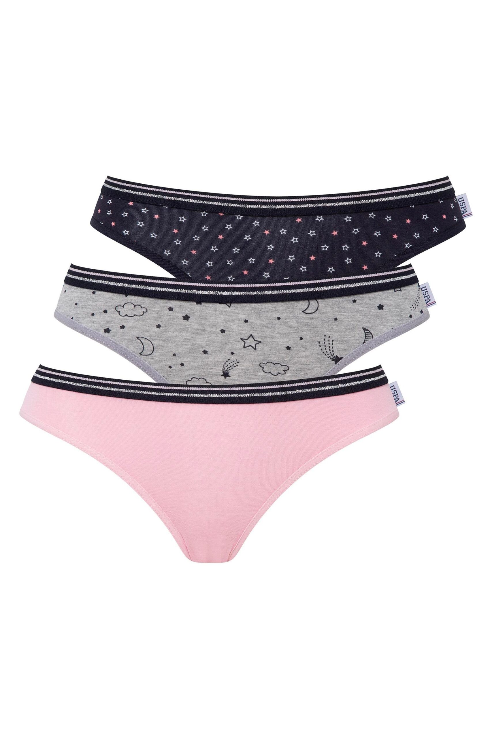 U.S. Polo Assn. 66422, Cotton & Lycra, 3 Pack Women's Bikini Panty Set, Pink & Gray & Navy Blue