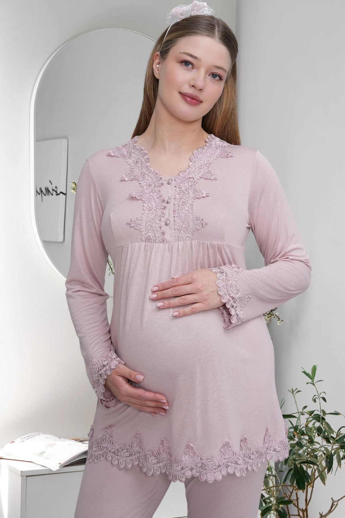 Mecit Pijama 1501, Pamuklu & Viskon, Kolay Emzirmeli, Dantelli, Hamile & Lohusa Pijama Takımı, Gül Kurusu
