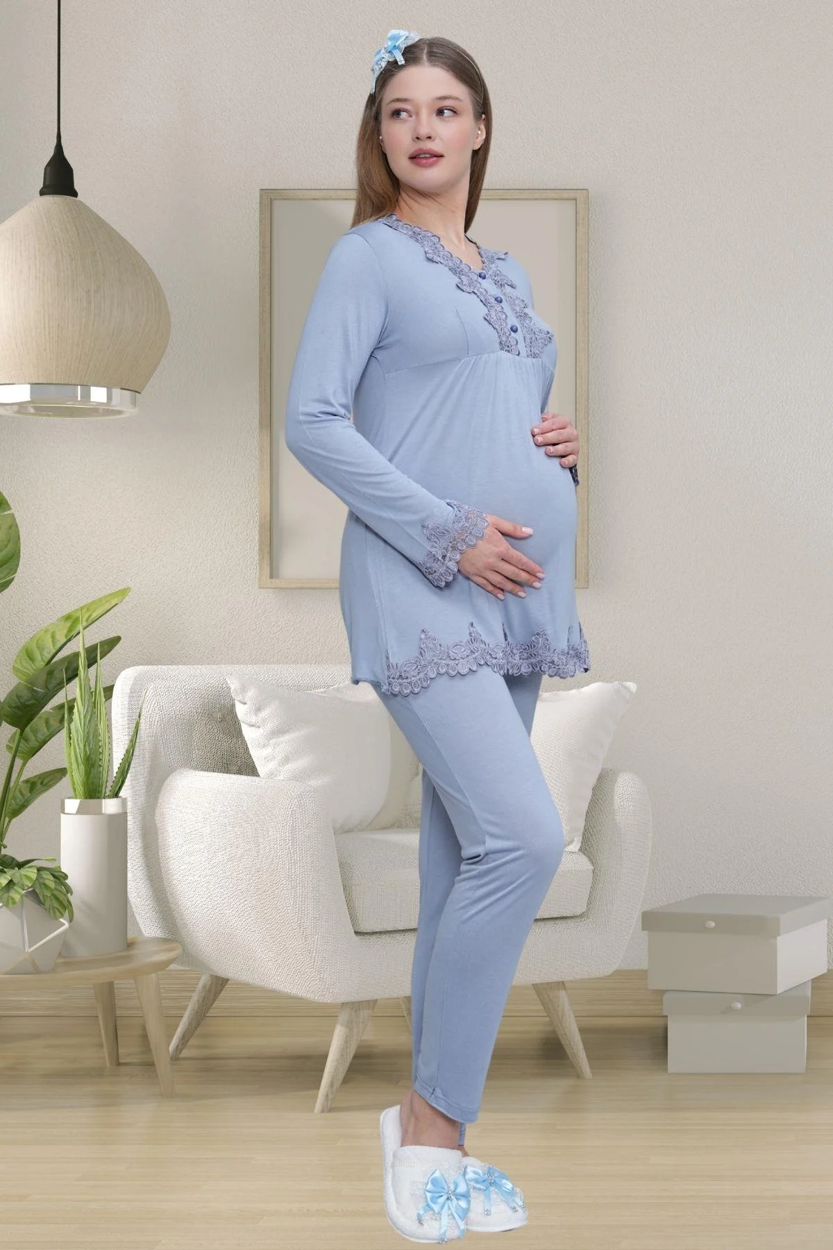 Mecit Pijama 1501, Pamuklu & Viskon, Kolay Emzirmeli, Dantelli, Hamile & Lohusa Pijama Takımı, Mavi 2