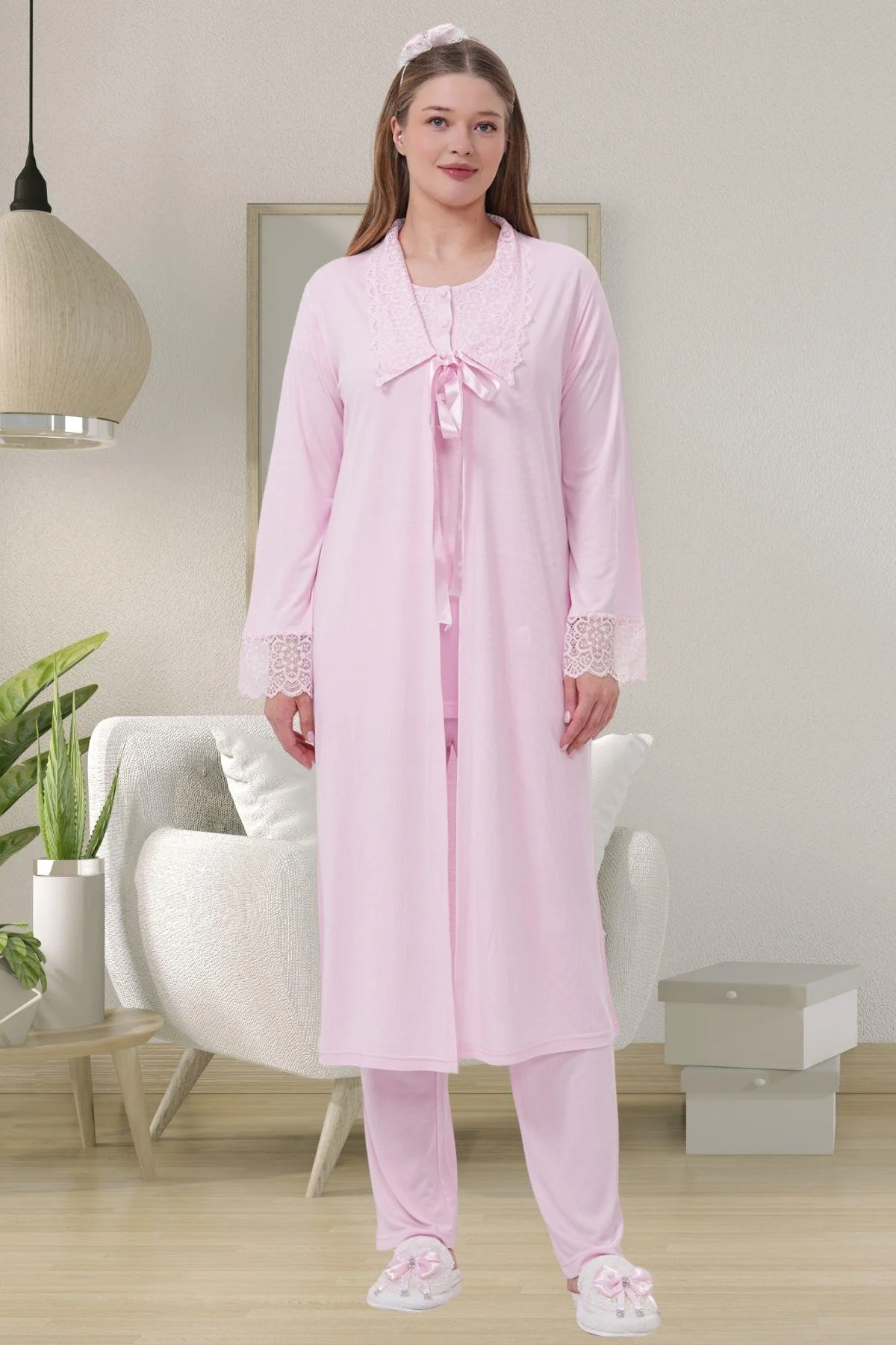 Mecit Pijama, Viskon & Pamuklu, Dantelli, Kolay Emzirme, Uzun Sabahlıklı Hamile & Lohusa Pijama Takımı 1541 Pembe